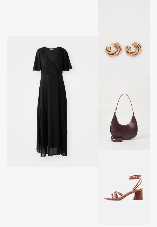 Zwarte maxi-jurk van lichtgewicht stof, met een wikkelvoorkant, V-hals, korte fladdermouwen en een vloeiende rok.; Bruine sandaal met bandjes, blokhak en enkelriempje met gesp, minimalistisch ontwerp, glad leren textuur, zijaanzicht op effen achtergrond.; Bordeaux leren schoudertas met een gebogen vorm, ritsluiting en een afneembare strap. Kenmerkt zich door een gladde textuur en gouden hardware accenten.; Metalen gouden oorbellen in een draaiend ontwerp. Rondvormig met een gladde, glanzende textuur en pin-sluiting. Aanzienlijke breedte en diepte.