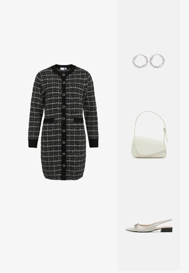 Sort og hvid ternet cardigan med rund krave, lange ærmer, frontlommer og kontrasterende sort knaplukning. Strikket tekstur.; Hvide læderslingback-sko med spids tå, sølvspænde og lav sort blokhæl. Glat tekstur og minimalistisk design.; Hvid taske i faux læder med en struktureret trekantet form, enkelt justerbart skulderstrop og en flaplås med kurver.; Sølv hoops med en bølget, uregelmæssig tekstur. Har en tynd, cirkulær form og en reflekterende finish.