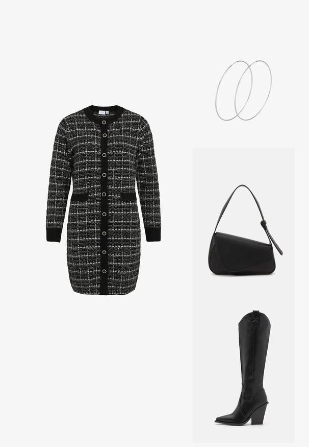 Sort og hvid ternet cardigan med rund krave, lange ærmer, frontlommer og kontrasterende sort knaplukning. Strikket tekstur.; RAID SURREY - Cowboy- / bikerstøvler - black; Sort læderhåndtaske med en triangular form, skrå klap og et rundt håndtag. Har en glat overflade og minimalistiske design detaljer.; Sølvøreringe med et minimalistisk design. Cirkulær form, glat tekstur og tynd profil. Letvægtige med en poleret overflade.