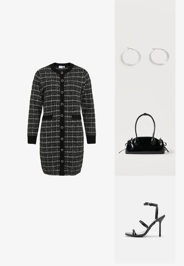 Sort og hvid ternet cardigan med rund krave, lange ærmer, frontlommer og kontrasterende sort knaplukning. Strikket tekstur.; Sorte patentlæder højhælede sandaler med tre horisontale stropper og en justerbar ankelstrop. Elegant silhuet og skinnende finish.; Lille sort blank håndtaske med to lange håndtag og snøre-detaljer i siden på en ensfarvet lys baggrund.; Sølvfarvede metaloorringe med glat, let buet overflade og låsemekanisme på en ensfarvet hvid baggrund.