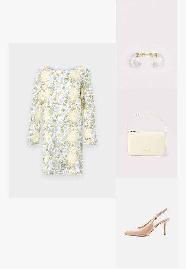 Bruuns Bazaar YVONNE BLUCILLE DRESS - Hverdagskjole - multi coloured; Beige laklæder højhælet slingback sko med spids tå og en lille gylden spænde-detalje på remmen.; Kremfarvet rektangulær håndtaske med en enkelt rem og lynlås øverst, med en lille præget logo-plakette foran.; Klare akryl hoops øreringe med guld accenter, der har et buet design og en transparent lås. Glat tekstur, minimalistisk stil.