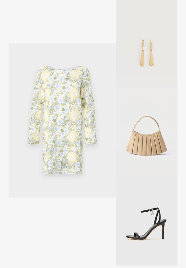Bruuns Bazaar YVONNE BLUCILLE DRESS - Φόρεμα ημέρας - multi coloured; Μαύρο σανδάλι με ψηλό τακούνι, στενό λουράκι στον αστράγαλο, τετράγωνη μύτη, υλικό από λείο δέρμα και μεταλλικό διακοσμητικό πόρπη.; Μπεζ τσάντα με πιέτες, με κυρτό επάνω φερμουάρ και μία μονή καμπύλη λαβή, παρουσιασμένη σε λευκό φόντο.; Σκουλαρίκια με επίχρυσο τόνο και κρεμαστά λείο επιμηκυμένο σχήμα σταγόνας που κρέμεται από μικρές κρίκους κλεισίματος σε λευκό φόντο.