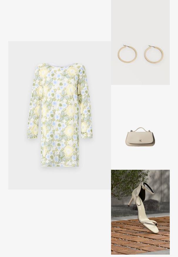 Bruuns Bazaar YVONNE BLUCILLE DRESS - Hverdagskjole - multi coloured; Beige sandal med høj hæl og ankelrem stående på træsplinter udendørs, med sløret grønt område og betonbaggrund.; Lille beige læderhåndtaske med top håndtag og sølv CK-logo på frontklap, vist mod en hvid baggrund.; Par af glatte guldfarvede mellemstore øreringe med hængsellukning på en ensartet lys baggrund.