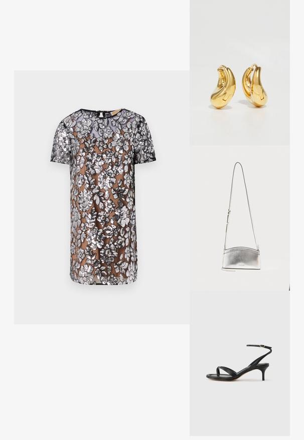 Robe courte à manches courtes en tulle transparent, ornée de broderies en sequins floraux argentés, avec un col rond et un ourlet droit.; Sandale pour femme en cuir noir avec fines lanières, une boucle d'orteil, une boucle à la cheville et un talon aiguille de hauteur moyenne sur un fond neutre.; Sac bandoulière en métal argenté avec sangle réglable et logo subtil sur le devant, sur fond clair uni.; Boucles d'oreilles en or en forme de d'anneaux lisses et courbés avec une finition polie. Équipées d'un mécanisme de fermeture et de légères indentations pour le détail.