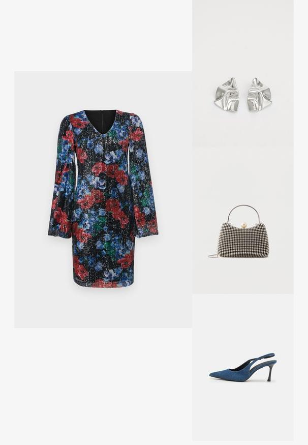 Zwarte bloemenjurk met pailletten; heeft lange, gepofte mouwen, een V-hals en levendige ontwerpen in rood, blauw en groen. Ritssluiting aan de achterkant.; Blauwe denim slingback hakken met een puntige neus, voorzien van een slanke zwarte hak en een bovenkant van textiel. Ontwerp met open achterkant.; Kleine handtas met zilverkleurig rasterpatroon, gebogen handvat, grote parel sluiting en een dunne zilveren kettingriem op een effen achtergrond.; Zilveren metalen oorbellen met een golvend, sculpturaal ontwerp, voorzien van een gepolijste afwerking en onregelmatige vormen, die een hedendaagse esthetiek benadrukken.