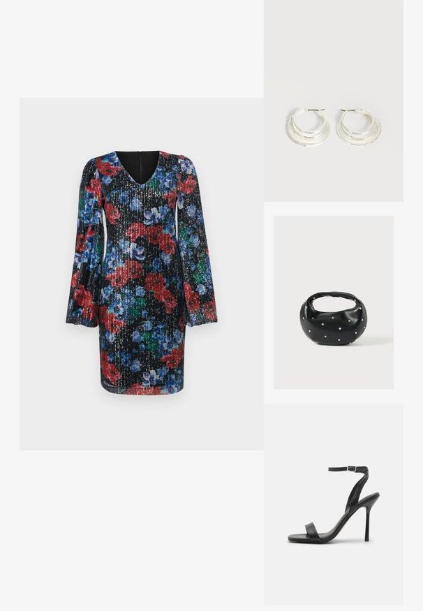 Vestido negro de flores con lentejuelas; cuenta con mangas largas abullonadas, escote en V y diseños vívidos en rojo, azul y verde. Cierre de cremallera en la parte posterior.; Sandalia negra de tacón alto con una correa delgada en el tobillo y dos bandas en la parte frontal. Hecha de cuero suave con una punta afilada y tacón de aguja.; Bolso de mano de cuero negro con forma redondeada, decorado con detalles de tachuelas plateadas y un asa corta. Textura lisa y cierre con cremallera.; Pendientes de aro de plata con tres bandas semicirculares superpuestas, una adornada con pequeños cristales transparentes sobre un fondo claro.