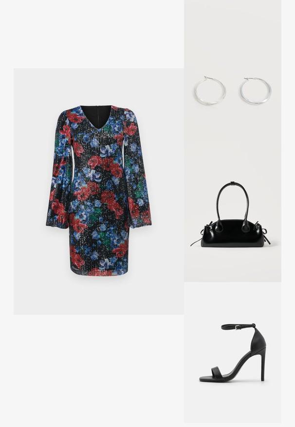 Vestido negro de flores con lentejuelas; cuenta con mangas largas abullonadas, escote en V y diseños vívidos en rojo, azul y verde. Cierre de cremallera en la parte posterior.; Sandalia de tacón alto negra con un diseño elegante, que cuenta con una correa en el tobillo, punta abierta y una textura de cuero suave.; Pequeño bolso negro brillante con dos asas largas y detalles de cordón lateral sobre un fondo claro liso.; Pendientes de aro de metal plateado con superficie lisa y ligeramente curvada y cierre de tipo mosquetón sobre un fondo blanco liso.