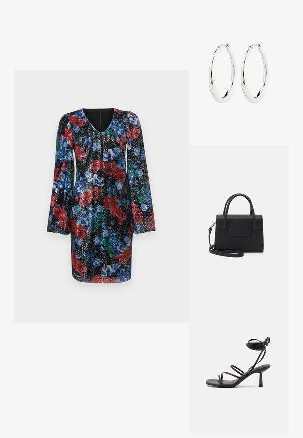 Zwarte bloemenjurk met pailletten; heeft lange, gepofte mouwen, een V-hals en levendige ontwerpen in rood, blauw en groen. Ritssluiting aan de achterkant.; Zwarte bandjes sandaal met een vierkante neus, verstelbare enkelbandjes en een slanke blokhak. Gemaakt van een glad, duurzaam materiaal.; Zwarte gestructureerde handtas van leer met een bovenhandvat, een afneembare schouderriem en een voorflapdetail. Gouden hardwareaccenten.; Zilveren oorbellen in de vorm van een gladde, glanzende ring. Circulaire vorm, voorzien van een veilige sluiting. Eenvoudig en elegant ontwerp.