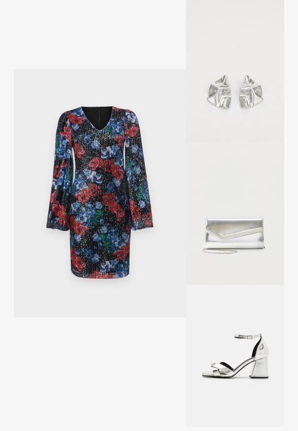 Vestido negro de flores con lentejuelas; cuenta con mangas largas abullonadas, escote en V y diseños vívidos en rojo, azul y verde. Cierre de cremallera en la parte posterior.; Sandalias de tacón alto metálicas plateadas con diseño de tiras cruzadas, correa en el tobillo y tacón bloque. Superficie suave con forro interior negro.; Bolso clutch plateado brillante con solapa de estilo sobre y adorno decorativo, pequeña correa de cadena plateada, sobre fondo liso claro.; Pendientes de metal plateado con un diseño ondulado y escultórico, que presentan un acabado pulido y formas irregulares, destacando una estética contemporánea.
