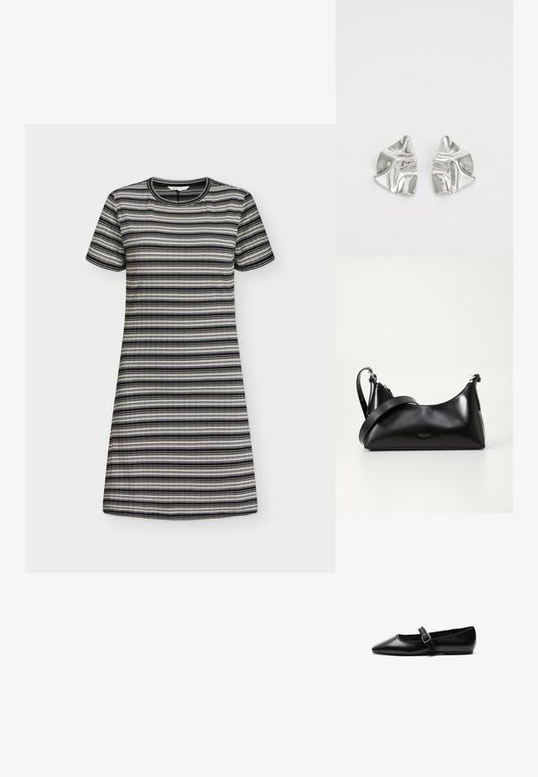 Robe courte à manches courtes et longueur genou avec des rayures horizontales noires, blanches et grises, dotée d'un col rond et d'une texture côtelée.; Chaussure noire plate en cuir avec un bout pointu, bride réglable avec une boucle en métal, texture lisse et design minimaliste.; Sac à main en cuir noir avec une texture lisse. Dispose d'une bandoulière adjustable et d'un design élégant et minimaliste avec une fermeture éclair.; Boucles d'oreilles en métal argenté avec un design ondulé et sculptural, présentant une finition polie et des formes irrégulières, mettant en valeur une esthétique contemporaine.