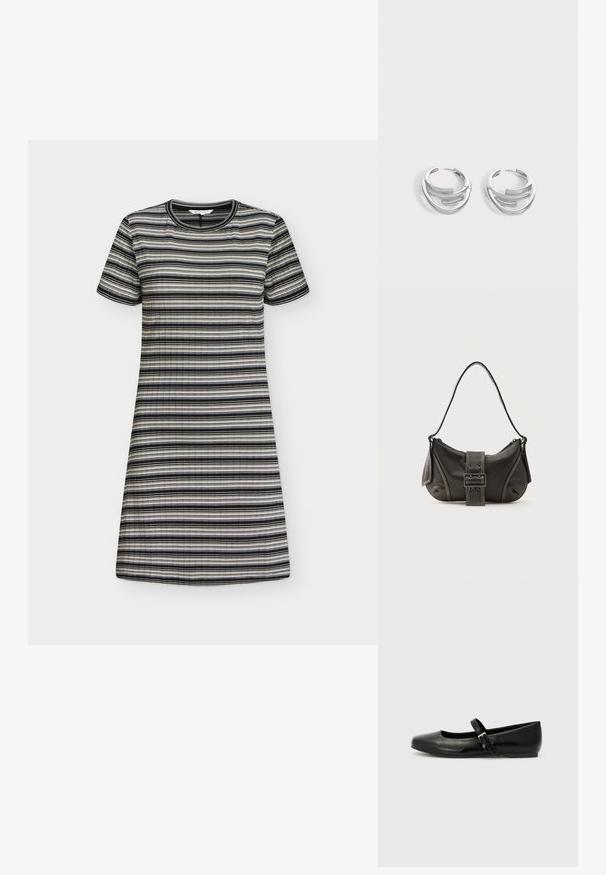 Robe courte à manches courtes et longueur genou avec des rayures horizontales noires, blanches et grises, dotée d'un col rond et d'une texture côtelée.; Ballerines en cuir noir avec un bout arrondi, une semelle plate et une fine sangle ajustable sur le cou-de-pied avec une boucle en métal.; Sac à épaule en cuir noir avec une sangle à boucle, des bords arrondis et des coutures blanches contrastées sur un fond uni.; Paire de boucles d'oreilles anneaux en argent poli avec un design de barre incurvée superposée sur un fond clair uni.