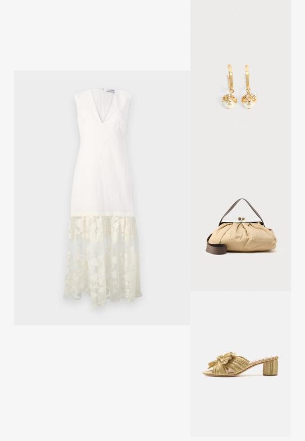 Weißes Leinenkleid mit V-Ausschnitt, kurzen Ärmeln und einem durchsichtigen bestickten Spitze Saum. Mit Reißverschluss hinten. Elegante, strukturierte Form.; Goldfarbenes, plissiertes Slide-Sandale mit einer Schleifen-Detail, offenem Zeh und einem strukturierten Blockabsatz. Verfügt über eine flache Sohle und ein glattes Innenfutter.; Beige Stofftasche mit gerafftem Design, braunem Ledergriff und zwei runden metallischen Verschlüssen oben. Verstellbarer brauner Riemen inklusive.; Goldene Creolen mit hängenden weißen Perlen, die in Gold gefasst sind, und kleinen klaren Kristallen auf einem schlichten hellen Hintergrund.