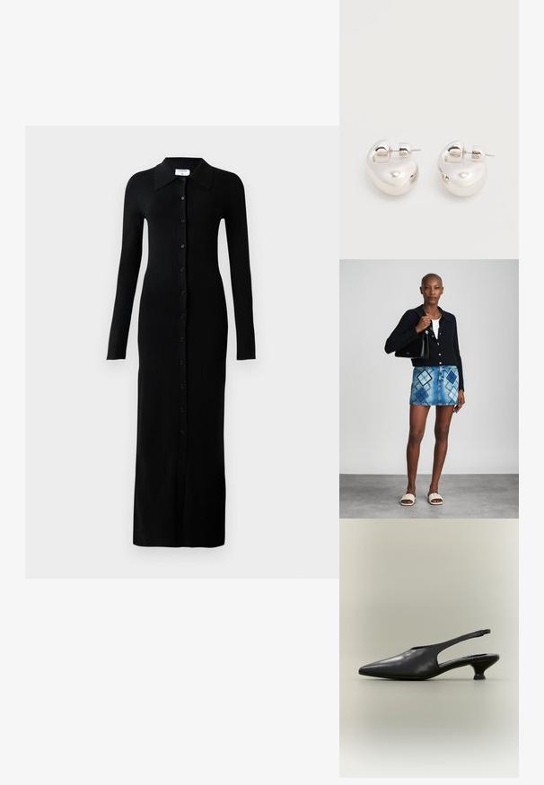 Schwarzes, geripptes Langarmkleid mit Kragen, das eine durchgehende Knopfleiste und eine figurbetonte Silhouette aufweist.; Schwarzer Slingback-Schuh aus Leder mit spitzer Zehenpartie und niedrigem Kitten-Heel vor neutralem Hintergrund.; Schwarze Strickjacke, weißes Oberteil, Jeansrock mit blauem und schwarzem Diamantenmuster, schwarze Handtasche und beige Rutschsandalen.; Paar glänzende silberne dicke Creolen mit Stecker-Verschlüssen auf weißem Hintergrund.