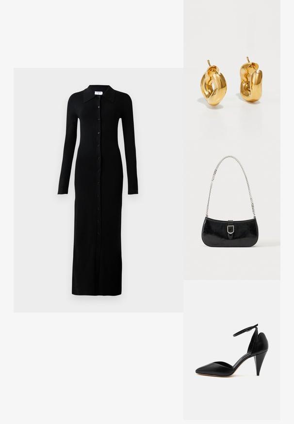Schwarzes, geripptes Langarmkleid mit Kragen, das eine durchgehende Knopfleiste und eine figurbetonte Silhouette aufweist.; Schwarzer Leder-Pumps mit spitz zulaufender Vorderkappe, Knöchelriemen und kegelstumpfförmigem Absatz vor weißem Hintergrund.; Schwarze Schultertasche aus Lackleder mit silberner Schnalle und silbernem Kettenriemen, auf hellem einfarbigen Hintergrund präsentiert.; Fette goldene Creolen mit einem leicht verdrehten, röhrenförmigen Design und Steckverschlüssen auf einem weißen Hintergrund.