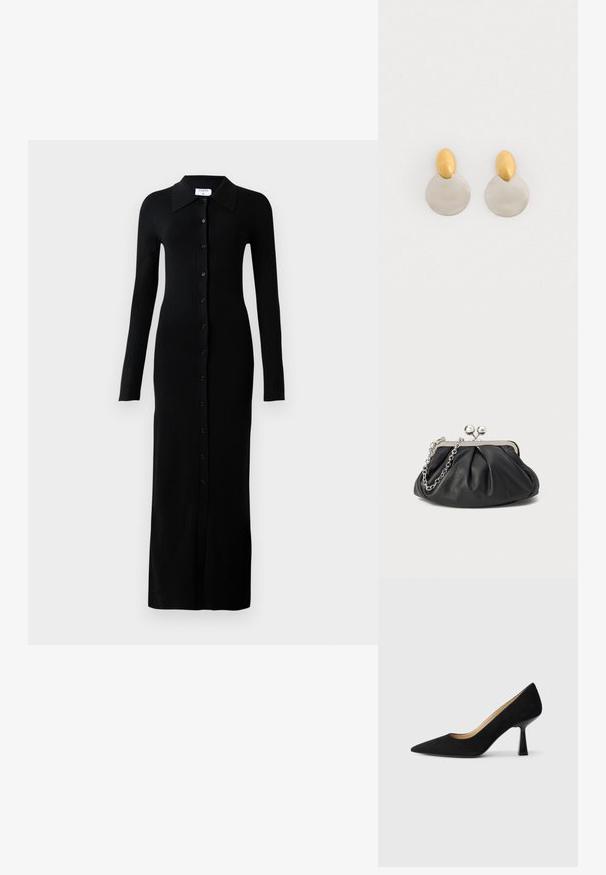 Schwarzes, geripptes Langarmkleid mit Kragen, das eine durchgehende Knopfleiste und eine figurbetonte Silhouette aufweist.; Schwarze Wildleder-Pumps mit hohem Absatz und spitzer Zehenform, ausgestattet mit einem glänzenden schwarzen Blockabsatz und einem glatten Innenfutter.; Schwarze Leder-Clutch mit geraffter Textur, silberfarbener Metallrahmen, Druckverschluss und Kettenriemen. Glatte, weiche Oberfläche.; Ohrringe aus Gold und Silber mit einer runden Diskusbasis und einem ovalen Oberteil, glatte Textur und polierte Oberfläche.