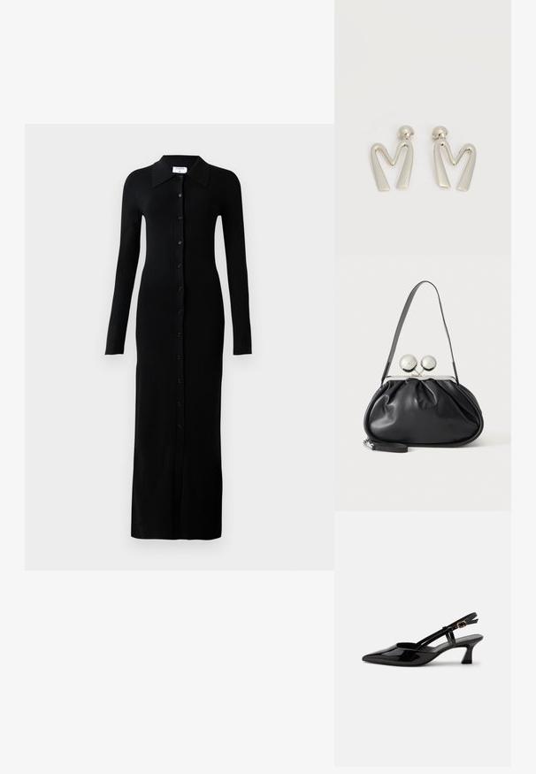 Schwarzes, geripptes Langarmkleid mit Kragen, das eine durchgehende Knopfleiste und eine figurbetonte Silhouette aufweist.; Schwarzer Slingback-Pumps aus Lackleder mit spitzer Spitze und verstellbarem goldfarbenem Riemen auf weißem Hintergrund.; Schwarze Ledertasche mit gerafftem Design, einem einzelnen Riemen, silbernem Metallrahmen und zwei großen runden silbernen Verschlüssen.; Paar silberfarbene Metallohrringe in Form des kantigen Buchstabens M mit abgerundeten Stegen auf weißem Hintergrund.