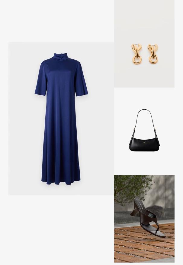 Marineblauwe midi-jurk met een hoge opstaande kraag, korte mouwen en een vloeiende A-lijn silhouet, gemaakt van een soepele, rekbare stof.; Bruine Calvin Klein teenslipper met hak, hangend boven houten tegels en grind op een buitenvloer met een vage achtergrond van groen en stenen.; Zwarte leren mini schoudertas met een dun riempje en klein goudkleurig CK-logo aan de voorkant in het midden.; Een paar glanzende oorringen in goudkleur met een lusvormige, gedraaide en verstrengelde ontwerp, afgebeeld op een eenvoudige witte achtergrond.