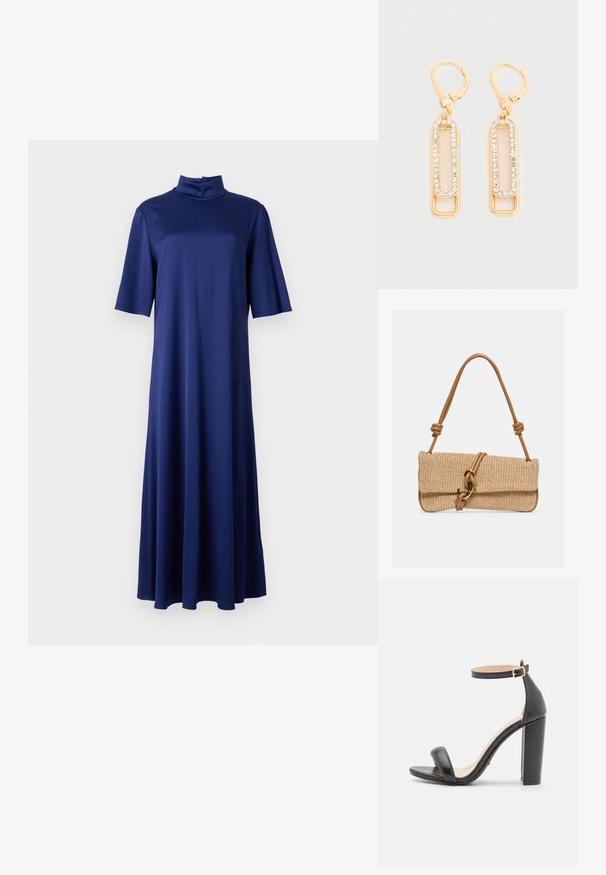 Marineblå midi-kjole med høj mock neck, korte ærmer og en svævende A-formet silhuet, lavet af et glat, strækbart stof.; DeeZee Højhælede sandaletter / Højhælede sandaler - black; Rektangulær vævet beige håndtaske med tanfarvet læderrem med knuder og en guldfarvet krogspænde på en ensfarvet baggrund.; Rektangulære øreringe i guldfarve med krystalpynt og låsekroge, vist mod en ensfarvet hvid baggrund.