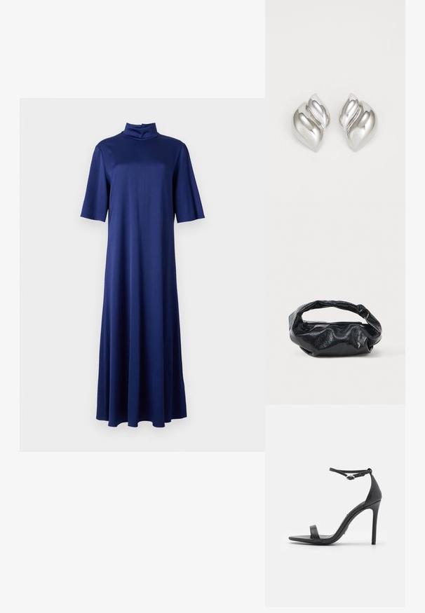 Marineblauwe midi-jurk met een hoge opstaande kraag, korte mouwen en een vloeiende A-lijn silhouet, gemaakt van een soepele, rekbare stof.; Zwarte hoge hakken sandalen met een open teen, dunne banden en een enkelsluiting. Gladde leren textuur met een puntige neus.; Zwarte tas van glanzend, textuur materiaal met een ronde, gedraaide handgreep en een ritsluiting. Heeft een zacht, gekreukt ontwerp.; Zilveren oorbellen met een organische, abstracte vorm. Gladde, glanzende oppervlakte met een taps toelopend ontwerp. Beschikken over subtiele rondingen en een centrale lijn detail.