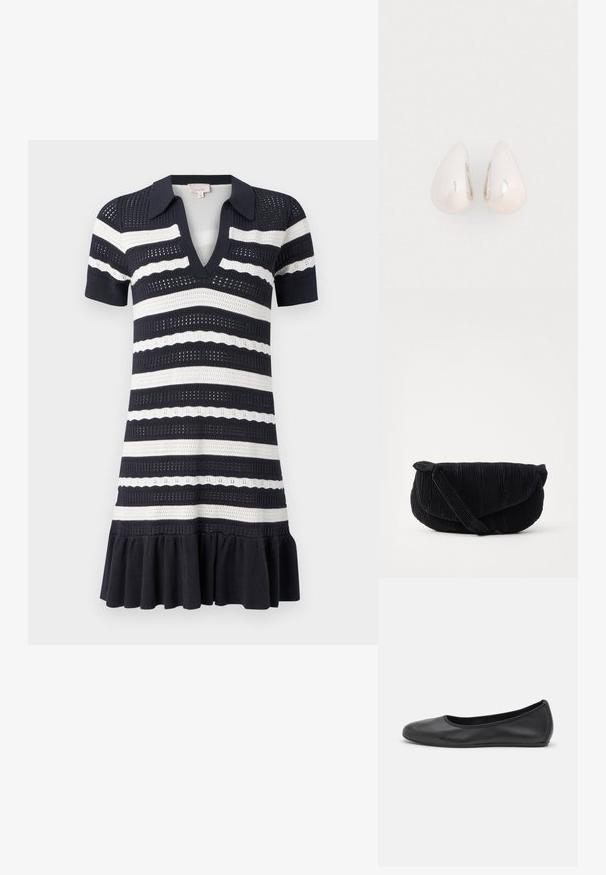 Cinq à Sept CLEMENTINE DRESS - Päevakleit - navy/ivory; Musthave mustika tantsutossud mustast nahast, ümmarguse varbaga, siledast tekstuurist, minimaalse õmblusdetailiga ja paindliku tallakujundusega.; Must mustrist kott, millel on ümar kuju, kangast materjal ja sõlmeaktsent rihmal. Omab pehmet tekstuuri ja minimalismi esteetikat.; Hõbeda metallist tilgakujulised ripatsid, millel on sile ja peegeldav pind, ning tilga kuju, millel on pidev disain ja ei ole nähtavaid kaunistusi.