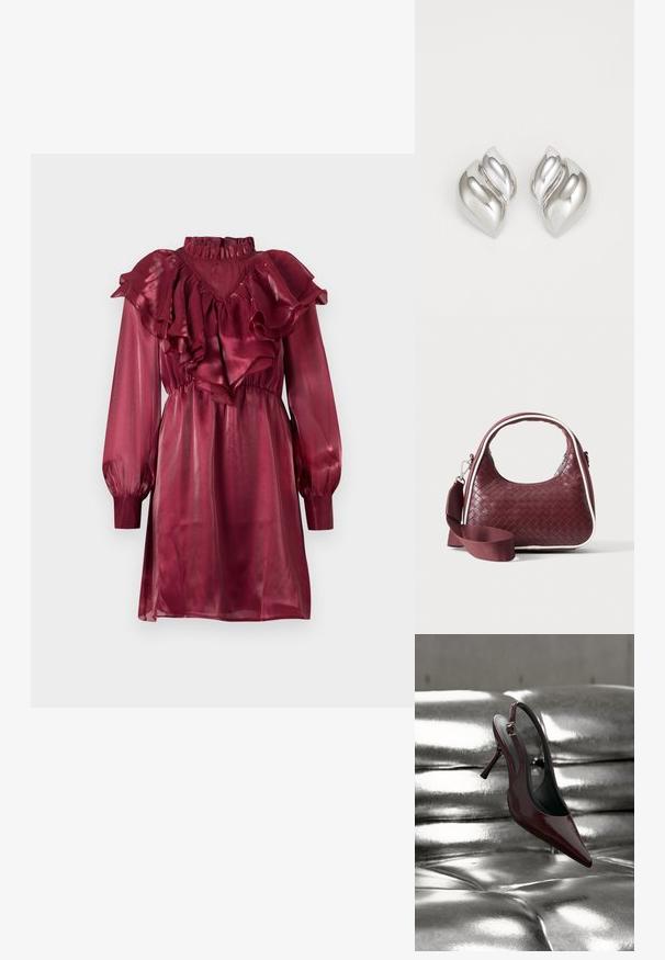 Vestido de satén burdeos con escote y mangas con volantes, que presenta mangas largas abullonadas y una cintura ajustada. Textura lisa y brillante.; Zapato de tacón alto tipo slingback de color rojo oscuro con puntera puntiaguda, descansando sobre una superficie acolchada metálica plateada y brillante.; Bolso de mano de cuero tejido color granate con asa curva, ribete blanco, cremallera plateada y correa desmontable de tela ancha para el hombro sobre fondo liso.; Pendientes de plata con una forma orgánica y abstracta. Superficie lisa y brillante con un diseño cónico. Presentan suaves curvas y un detalle de línea central.