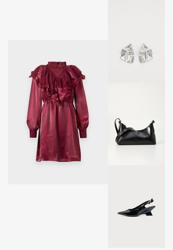 Vestido de satén burdeos con escote y mangas con volantes, que presenta mangas largas abullonadas y una cintura ajustada. Textura lisa y brillante.; Zapato slingback de cuero charol negro con puntera puntiaguda y tacón bajo en bloque inclinado sobre fondo claro liso.; Bolso de mano de cuero negro con una textura suave. Cuenta con una correa ajustable y un diseño elegante y minimalista con cierre de cremallera.; Pendientes de metal plateado con un diseño ondulado y escultórico, que presentan un acabado pulido y formas irregulares, destacando una estética contemporánea.
