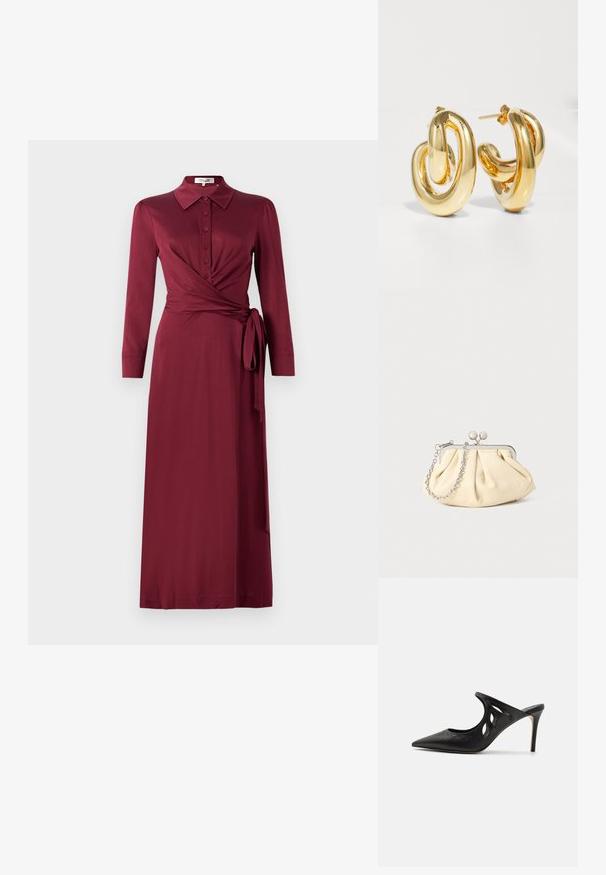 Χ burgundy φόρεμα τύπου wrap με γιακά, μακριά μανίκια, κουμπιά μπροστά και ζωνάκι στη μέση. Λειος ύφασμα με κολακευτική σιλουέτα.; Μαύρες δερμάτινες μπαλαρίνες με ψηλό τακούνι, με μυτερή μύτη, σχέδιο με κομμένα πλαϊνά και γυαλιστερή υφή. Τακούνι στιλέτο και διακριτική λεπτομέρεια ραψίματος.; Πτυχωτό μπεζ δερμάτινο τσαντάκι με ασημένιο μεταλλικό πλαίσιο, διαθέτοντας δύο στρογγυλούς διακοσμητικούς κλειστές και μια ασημένια αλυσίδα.; Charlotte Chesnais BO INITIAL BLOW - Σκουλαρίκια - gold-coloured
