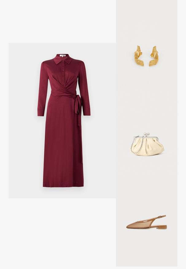 Vestido envolvente burdeos con cuello, mangas largas, cierre frontal de botones y detalle de lazo en la cintura. Tejido suave con una silueta favorecedora.; Zapato plano marrón con tira trasera, puntera puntiaguda, tira delgada con hebilla y tacón bajo de bloque sobre fondo blanco.; Clutch de cuero beige plisado con un marco de metal plateado, que cuenta con dos broches decorativos redondos y una correa de cadena plateada.; Pendientes en tono dorado con un diseño de hoja retorcida, adornados con pequeñas piedras brillantes y asegurados con un cierre de presión.