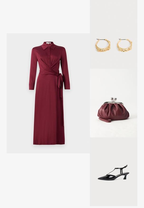 Vestido envolvente burdeos con cuello, mangas largas, cierre frontal de botones y detalle de lazo en la cintura. Tejido suave con una silueta favorecedora.; Zapato slingback de cuero charol negro con punta fina, tira en T y tacón bajo en bloque inclinado sobre fondo blanco.; Pequeño bolso de mano de cuero burdeos con cierre metálico plateado y correa de muñeca sobre un fondo blanco.; Par de pendientes de aro en tono dorado con grabados ornamentales de flores y hojas sobre un fondo neutro.