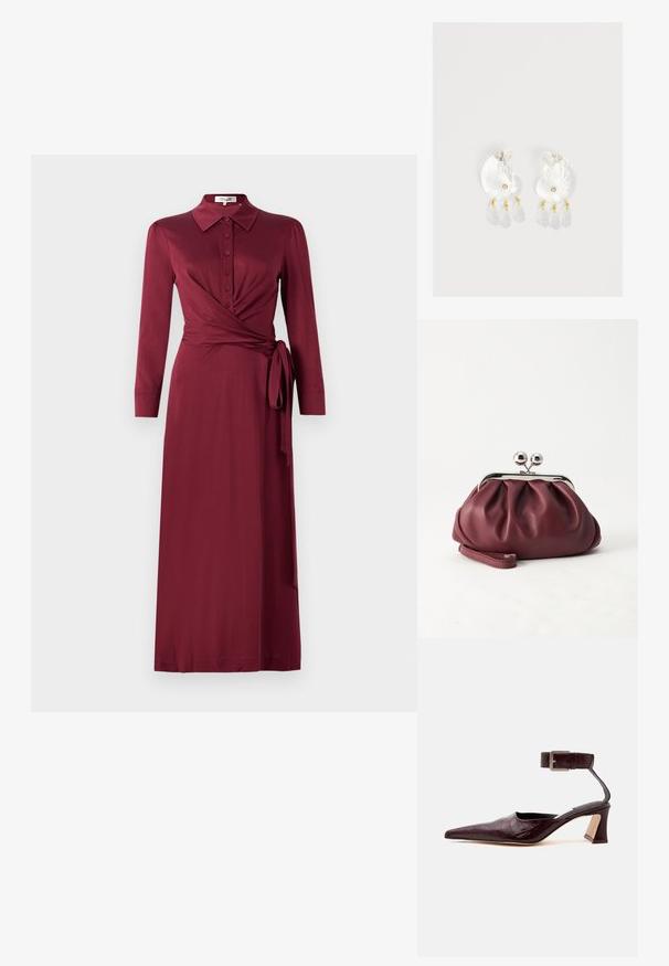 Χ burgundy φόρεμα τύπου wrap με γιακά, μακριά μανίκια, κουμπιά μπροστά και ζωνάκι στη μέση. Λειος ύφασμα με κολακευτική σιλουέτα.; Σκούρο καφέ δερμάτινο γυναικείο παπούτσι με ψηλό τακούνι και μυτερή μύτη, με λουράκι στον αστράγαλο και ασημένια αγκράφα σε ανοιχτό φόντο.; Μικρό μπορντό δερμάτινο τσαντάκι φάκελος με ασημένιο μεταλλικό κλείστρο και λουράκι καρπού σε λευκό φόντο.; Σκουλαρίκια σε σχήμα κοχύλι από διαυγές ρητίνη με μικρές χρυσές λεπτομέρειες και τρία κρεμαστά διαφανή διαμαντένια κρεμαστά σε κάθε σκουλαρίκι.