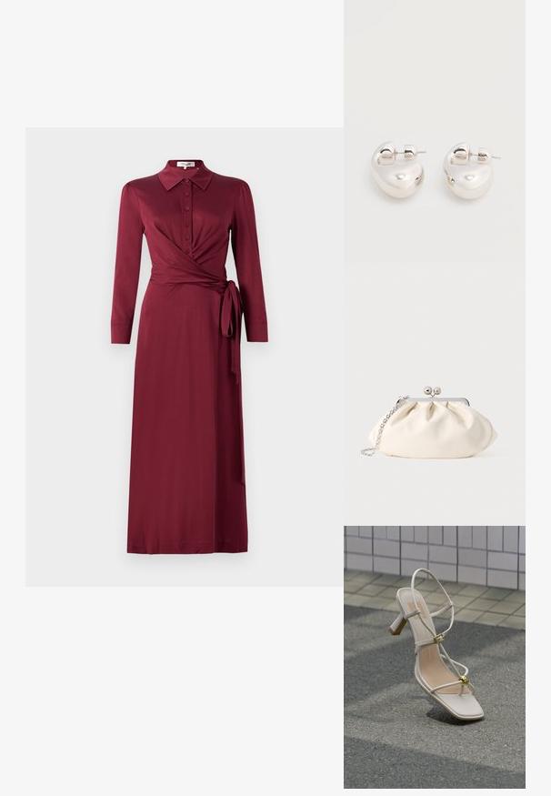 Vestido envolvente burdeos con cuello, mangas largas, cierre frontal de botones y detalle de lazo en la cintura. Tejido suave con una silueta favorecedora.; Sandalia beige de tacón con tiras, hebilla dorada y bola decorativa dorada, sobre suelo pavimentado junto a una pared de azulejos.; Bolso de mano de tela color crema con diseño fruncido, marco metálico plateado, dos bolas decorativas y correa de cadena plateada.; Par de pendientes llamativos de aro grueso plateado brillante con cierre de poste sobre un fondo blanco liso.