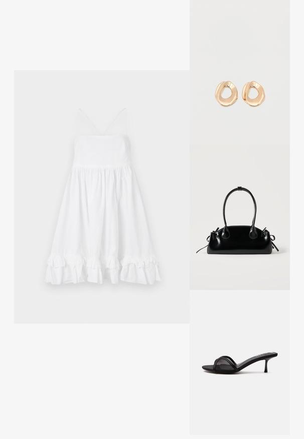 Robe blanche sans manches avec un corsage ajusté, une jupe évasée et un ourlet volanté. Fabriquée en tissu léger, elle présente des bretelles fines et un décolleté en V.; Mule sandale noire à bout ouvert avec fine bride en mesh et petit talon kitten sur fond uni gris clair.; Petit sac à main noir brillant avec deux longues anses et des détails à cordon sur les côtés sur un fond clair uni.; Paired boucles d'oreilles en métal doré poli de forme irrégulière avec un centre ouvert sur un fond blanc uni.