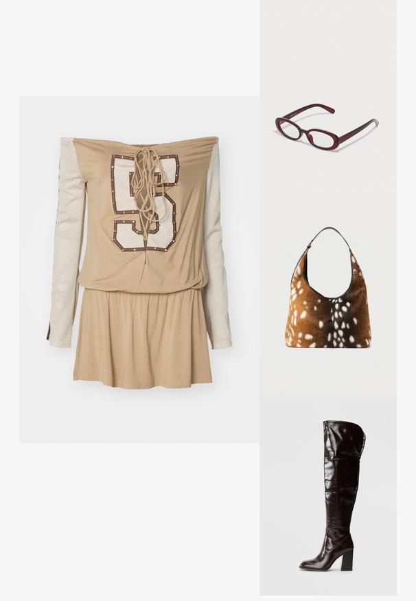 Beige off-shoulder jurk met een gekruiste rug, voorzien van een witte mesh lange mouw en een groot bedrukt nummer "5" versierd met studs.; Knielange, glanzende bordeauxrode leren laarzen met een vierkante neus en blokhak, met een nonchalant ontwerp en minimale stiksel details.; Ovaalvormige rode zonnenbril met heldere lenzen en slanke bruine montuur. Het ontwerp heeft subtiele rondingen en minimale hardware.; Bruine en zwarte handtas met witte, gevlekte bonttextuur en een enkele zwarte schouderriem op een effen achtergrond.
