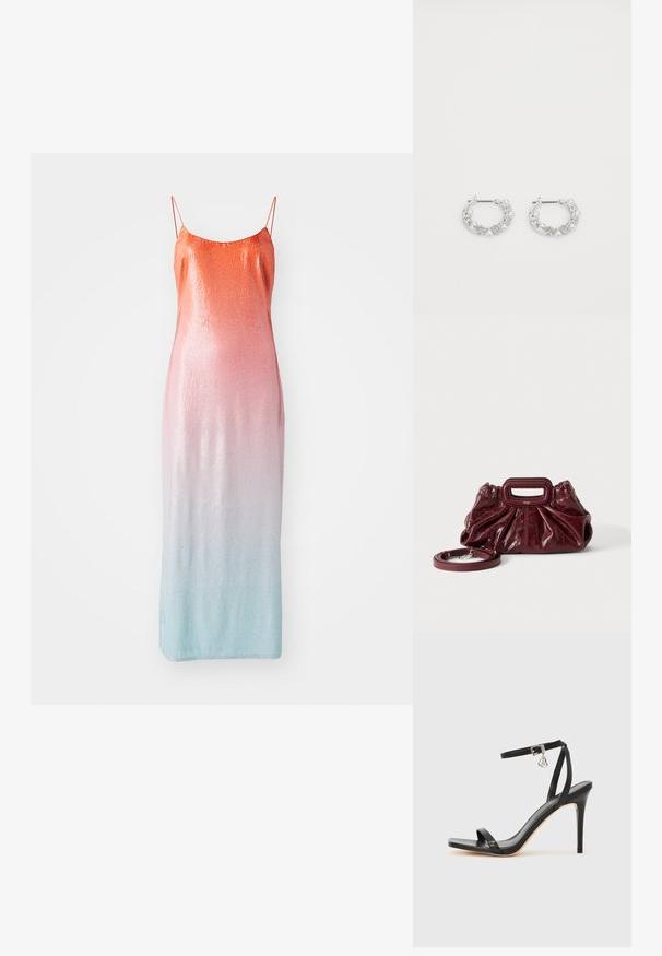 Støvle med pailletter i en gradient fra orange til pink til lyseblå. Har tynde justerbare stropper og en tætsiddende silhuet.; Sort hæl-sandal med smal ankrem, firkantet tå-boks, glat lædermateriale og metalspænde som pynt.; Lille mørkerød læderhåndtaske med opsamlet struktur, rektangulært håndudskåret håndtag og aftagelig skulderrem på hvid baggrund.; Sølv hoop øreringe med perle- og krystalaccentuer, der har en tekstureret overflade og en sikker stiftlukning.