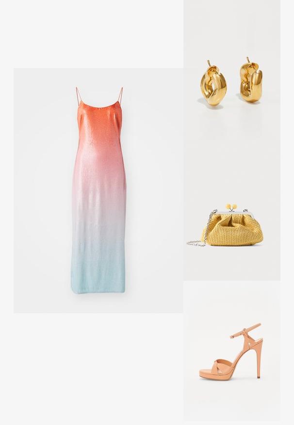 Robe sans manches ornée de sequins avec un dégradé allant de l'orange au rose puis au bleu clair. Elle comprend des fines bretelles ajustables et une silhouette ajustée.; Casadei MICHELLE - Sandales à talons hauts - canyon; Petit sac à main tissé jaune avec cadre argenté, deux fermoirs boules jaunes et une bandoulière chaîne argentée sur fond blanc.; Boucles d'oreilles créoles en or massif avec un design tubulaire légèrement tordu et des fermoirs à tige sur un fond blanc.