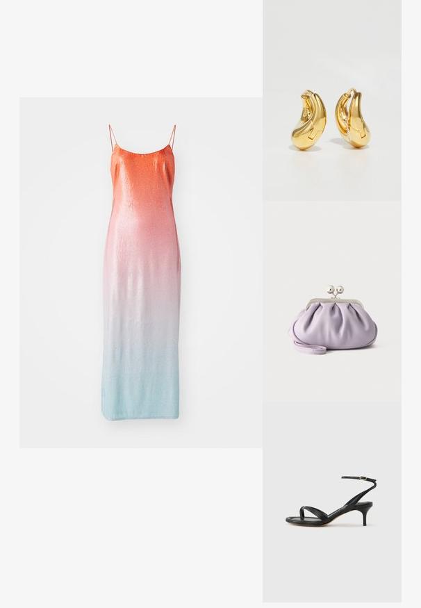 Robe sans manches ornée de sequins avec un dégradé allant de l'orange au rose puis au bleu clair. Elle comprend des fines bretelles ajustables et une silhouette ajustée.; Sandale pour femme en cuir noir avec fines lanières, une boucle d'orteil, une boucle à la cheville et un talon aiguille de hauteur moyenne sur un fond neutre.; Pochette lavande douce avec tissu froncé, fermoir kiss-lock argenté et bracelet assorti sur un fond clair uni.; Boucles d'oreilles en or en forme de d'anneaux lisses et courbés avec une finition polie. Équipées d'un mécanisme de fermeture et de légères indentations pour le détail.