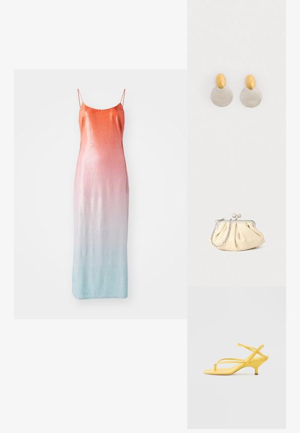Støvle med pailletter i en gradient fra orange til pink til lyseblå. Har tynde justerbare stropper og en tætsiddende silhuet.; Gul remsandale med et minimalistisk design, der har en tynd tåstrop og en lav, solid hæl. Glat tekstur, slank silhuet.; Plisseret beige læderclutch med en sølvmetalramme, der har to runde dekorative låse og en sølvkædetrasporte.; Guld- og sølvmetalløreringe med en rund skivebund og et ovalt topstykke, glat tekstur og poleret finish.