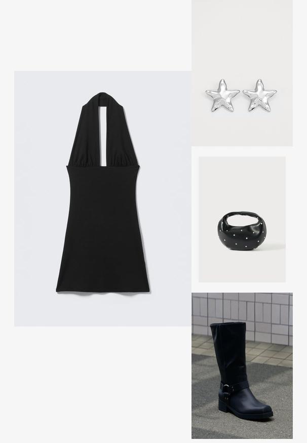 Robe noire sans manches à col halter avec un profond décolleté en V et une taille ajustée, présentée à plat sur un fond clair.; Botte en cuir noire mi-mollet avec un petit talon bloc et une bride décorative avec boucle métallique autour de la cheville, sur un trottoir carrelé.; Sac à main en cuir noir de forme arrondie, décoré de clous argentés et équipé d'une poignée courte. Texture lisse et fermeture éclair.; Boucles d'oreilles argentées en forme d'étoile, avec une surface lisse et brillante. Chaque boucle d'oreille possède cinq pointes et des détails subtils de texture de surface.