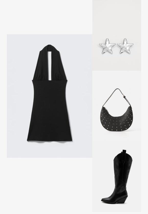 Vestido negro sin mangas con cuello halter en V profunda y cintura ajustada, exhibido plano sobre fondo claro.; Bota de vaquero de cuero negro con punta puntiaguda, tacón bloqueado inclinado, costuras decorativas y lengüetas en la parte superior sobre fondo blanco.; Bolso de mano de cuero negro con forma curva, adornado con tachuelas plateadas, cuenta con cierre de cremallera y una sola correa ajustable.; Pendientes en forma de estrella plateada con una superficie pulida y brillante. Cada pendiente presenta cinco puntas y sutiles detalles de textura en la superficie.