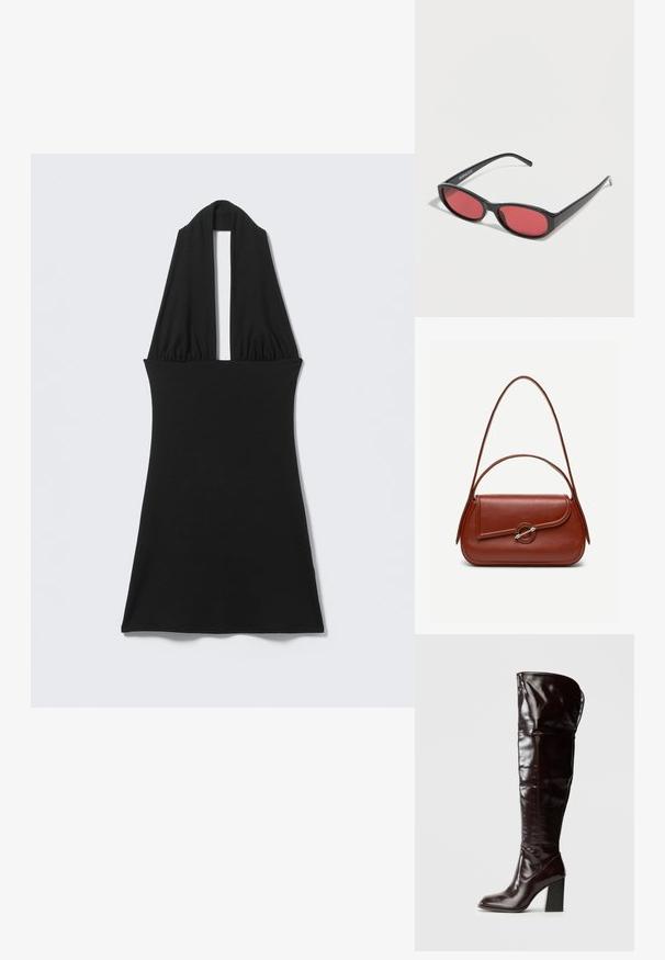 Vestido negro sin mangas con cuello halter en V profunda y cintura ajustada, exhibido plano sobre fondo claro.; Botas de cuero burdeos brillante hasta la rodilla, con punta cuadrada y tacón ancho, con un diseño holgado y detalles mínimos de costura.; Gafas de sol ovaladas negras con varillas delgadas y lentes tintados de rojo descansando sobre una superficie blanca.; Bolso de hombro de cuero marrón con forma rectangular redondeada, solapa asimétrica, cierre circular plateado y dos correas delgadas.