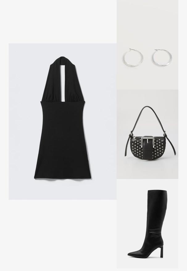Must musta stiilne rihmataoline kleit sügava V-kaelusega ja istuva vöökohaga, mille taust on hele.; Even&Odd by Zalando Saapad - black; Must schwarze nahkottkott, millel on kaarjas kuju, kaunistatud hõbedaste nupudega ja silmapaistva hõbedase klambriga esiküljel. Reguleeritav rihm kaasas.; Hõbedased metallist rõngakujulised kõrvarõngad, millel on sile, kergelt kaarduv pind ja lukustuvad tagused kinnitused, valgel taustal.