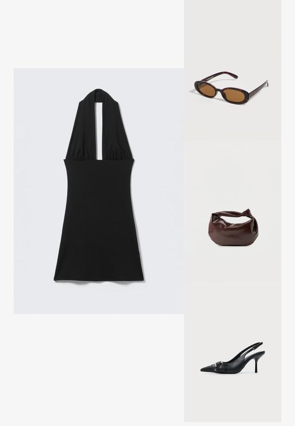 Vestido negro sin mangas con cuello halter en V profunda y cintura ajustada, exhibido plano sobre fondo claro.; Zapato de tacón alto tipo slingback de piel negra con puntera puntiaguda, con hebilla y detalle de tira con ojetes en la parte delantera.; Gafas de sol ovaladas con montura carey, lentes tintadas en marrón y varillas delgadas apoyadas sobre una superficie blanca.; Bolso de hombro de cuero marrón oscuro con una forma suave y caída, y un asa con nudo torcido sobre un fondo blanco liso.