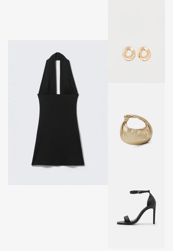 Vestido negro sin mangas con cuello halter en V profunda y cintura ajustada, exhibido plano sobre fondo claro.; Sandalia de tacón alto negra con un diseño elegante, que cuenta con una correa en el tobillo, punta abierta y una textura de cuero suave.; Bolso de metal dorado con una textura suave y brillante. Presenta un asa anudada y una forma redondeada y suave. Cierre de cremallera en la parte superior.; Par de pendientes de aro de metal en tono dorado pulido, de forma irregular y con centro abierto, sobre un fondo blanco liso.