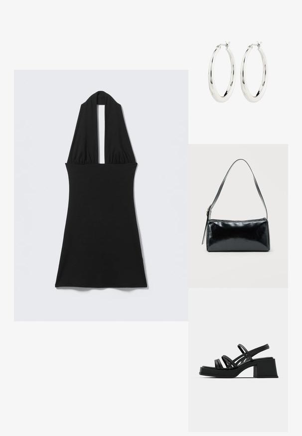 Vestido negro sin mangas con cuello halter en V profunda y cintura ajustada, exhibido plano sobre fondo claro.; Sandalias negras de tacón con múltiples tiras delgadas y un tacón ancho. Diseño elegante con una textura mate. La plantilla tiene una leve curvatura.; Bolso de hombro rectangular negro con una correa ajustable y un cierre de cremallera superior sobre un fondo liso.; Pendientes de aro de plata con un acabado suave y brillante. Forma circular, con un cierre seguro. Diseño sencillo y elegante.