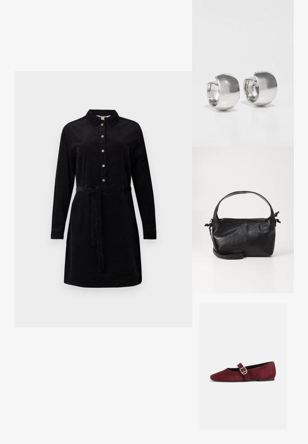 Schwarzes Cordkleid mit durchgehender Knopfleiste, langen Ärmeln und einem Bindegürtel in der Taille. Verfügt über einen klassischen Kragen und seitliche Taschen.; Flacher burgunderfarbener Wildleder-Mary-Jane-Schuh mit goldenem Schnallenriemen und schwarzer Sohle, von der Seite auf weißem Hintergrund gezeigt.; Schwarze Lederhandtasche mit strukturiertem Design, rundem Haltegriff und abnehmbarem Schulterriemen. Sie weist eine glatte Oberfläche und einen subtilen Glanz auf.; Uncommon Matters SCULPTURAL LARGE CREOLE - Ohrringe - silver-coloured
