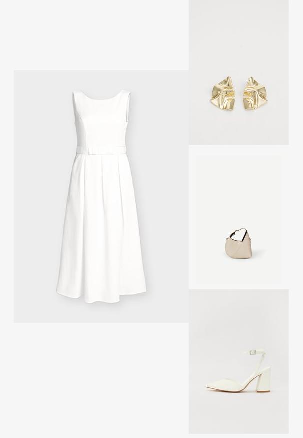 Robe midi blanche sans manches en tissu texturé, corsage ajusté, ceinture accentuée avec petit nœud et jupe plissée en ligne A sur fond neutre.; Sandale blanche à talon avec un bout pointu, sangle de cheville réglable et un talon carré épais. Texture lisse avec des détails de couture minimaux.; Sac à main en cuir beige en forme de croissant avec une seule bandoulière et des coutures minimalistes, posé sur un fond blanc uni.; Boucles d'oreilles en métal doré avec un design ondulé ; surface lisse et réfléchissante ; forme asymétrique ; sans motifs ni éléments visibles.