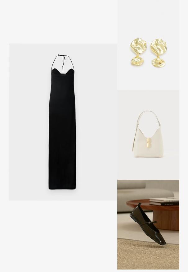 Schwarzes Maxikleid mit taillierten Oberteil, Halterneck-Bindung und einer glatten, eleganten Textur. Hat eine gerade Silhouette ohne Verzierungen.; Schwarzer Mary Jane Ballerina aus Leder schwebt über einem beigen gewebten Teppich mit einem runden Holztisch und gestapelten Büchern im Hintergrund.; Cremefarbene Lederhandtasche mit einem einzelnen Schulterriemen und einem goldfarbenen Verschluss in der Mitte vorne auf einfarbigem Hintergrund.; Goldfarbene Tropfohrringe mit einem abstrakten, strukturierten Design, bestehend aus zwei unregelmäßig geformten Elementen, wobei eines größer oben und das andere kleiner darunter ist.