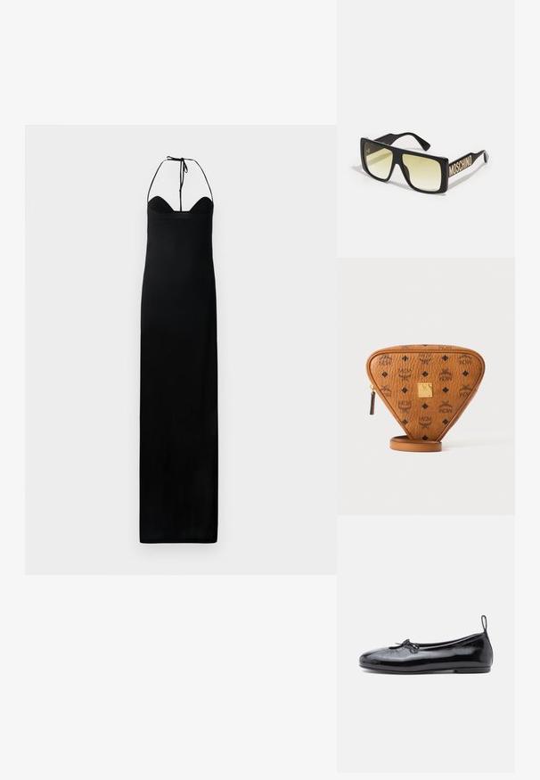 Vestido maxi negro con un corpino ajustado, lazos en el cuello halter y una textura lisa y suave. Presenta una silueta recta sin adornos.; Bailarinas de charol negro con punta redonda, pequeño detalle de lazo y textura suave; cuentan con una suela plana baja y una pestaña en el talón.; Gafas de sol negras de gran tamaño con lentes amarillas degradadas. Presenta una varilla audaz y con marca que lleva la inscripción en oro "MOSCHINO". Montura de plástico suave.; Bolso bandolera triangular de cuero marrón con logos MCM negros, placa metálica dorada de la marca y cremallera en un fondo blanco.