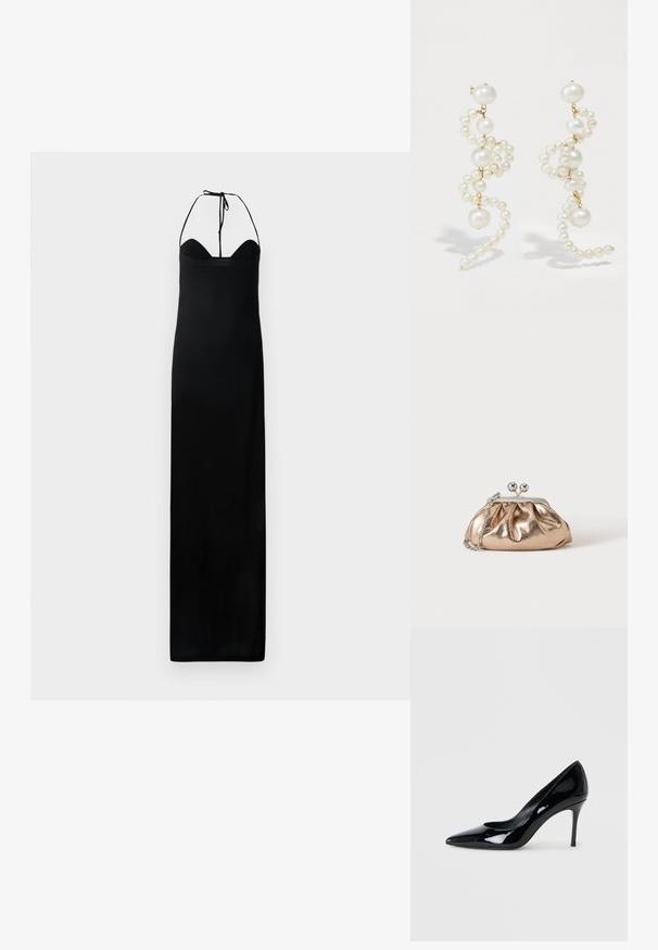 Mustmustest mustr topi, mille on sobitatud kehaosa, kaela sidumisrihmad ja sile, sujuv tekstuur. Omab sirget siluetti ilma kaunistusteta.; Mustmustest patenti nahkkinga terava nina ja sale stiletto kannaga. Sile tekstuur läikiva viimistluse ja minimalistikku disainiga.; Väike kuldse metallikatusega õlakott, millel on hõbedane kinnitus ja kett-õlarihm, ühevärvilisel heledal taustal.; Valged pärl kõrvarõngad, millel on keerduv disain, sisaldades erineva suurusega pärleid ja kuldseid aktsente. Sile tekstuur ja elegantne kuju.