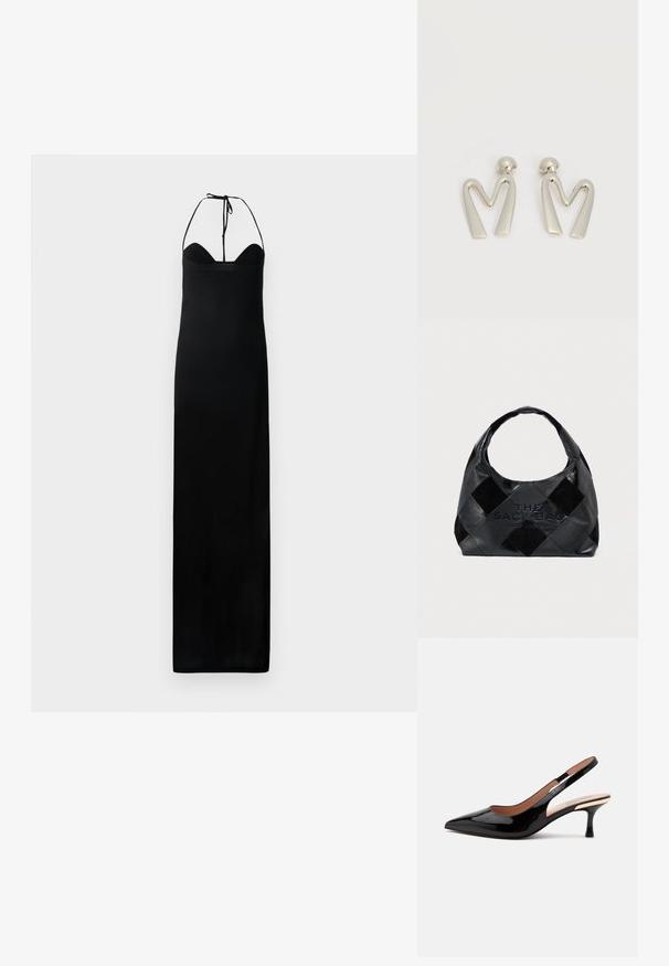 Schwarzes Maxikleid mit taillierten Oberteil, Halterneck-Bindung und einer glatten, eleganten Textur. Hat eine gerade Silhouette ohne Verzierungen.; Schwarzer Lackleder Slingback-Pumps mit spitz zulaufender Kappe und niedrigem Katzenabsatz auf weißem Hintergrund.; Schwarze Lederhandtasche mit gewebtem Design, großem Öffnungsbereich, robustem Griff und eingeprägter Beschriftung auf der Vorderseite.; Paar silberfarbene Metallohrringe in Form des kantigen Buchstabens M mit abgerundeten Stegen auf weißem Hintergrund.